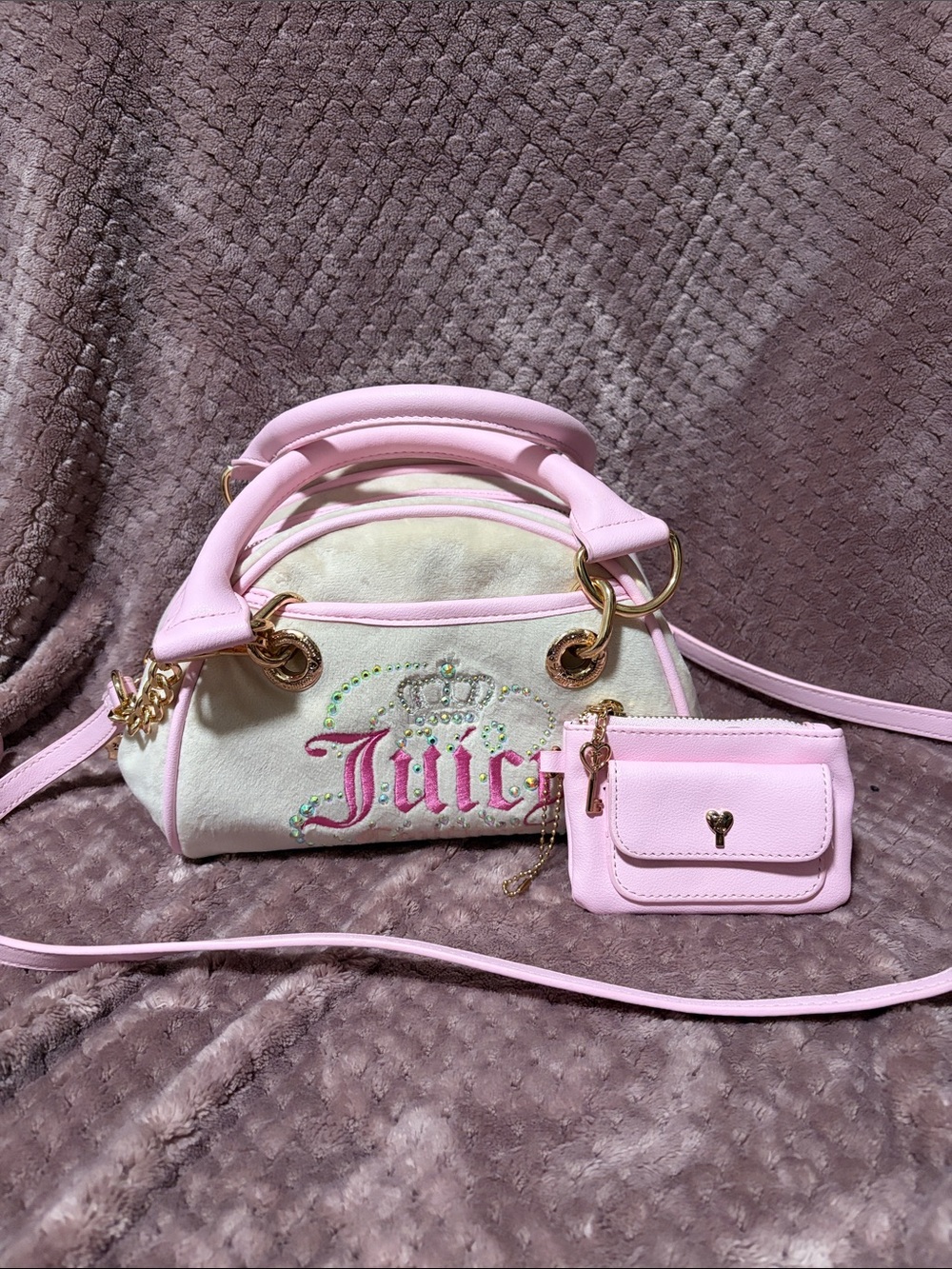 Juicy Couture Pink & Cream Embroidered Crossbody Satchel